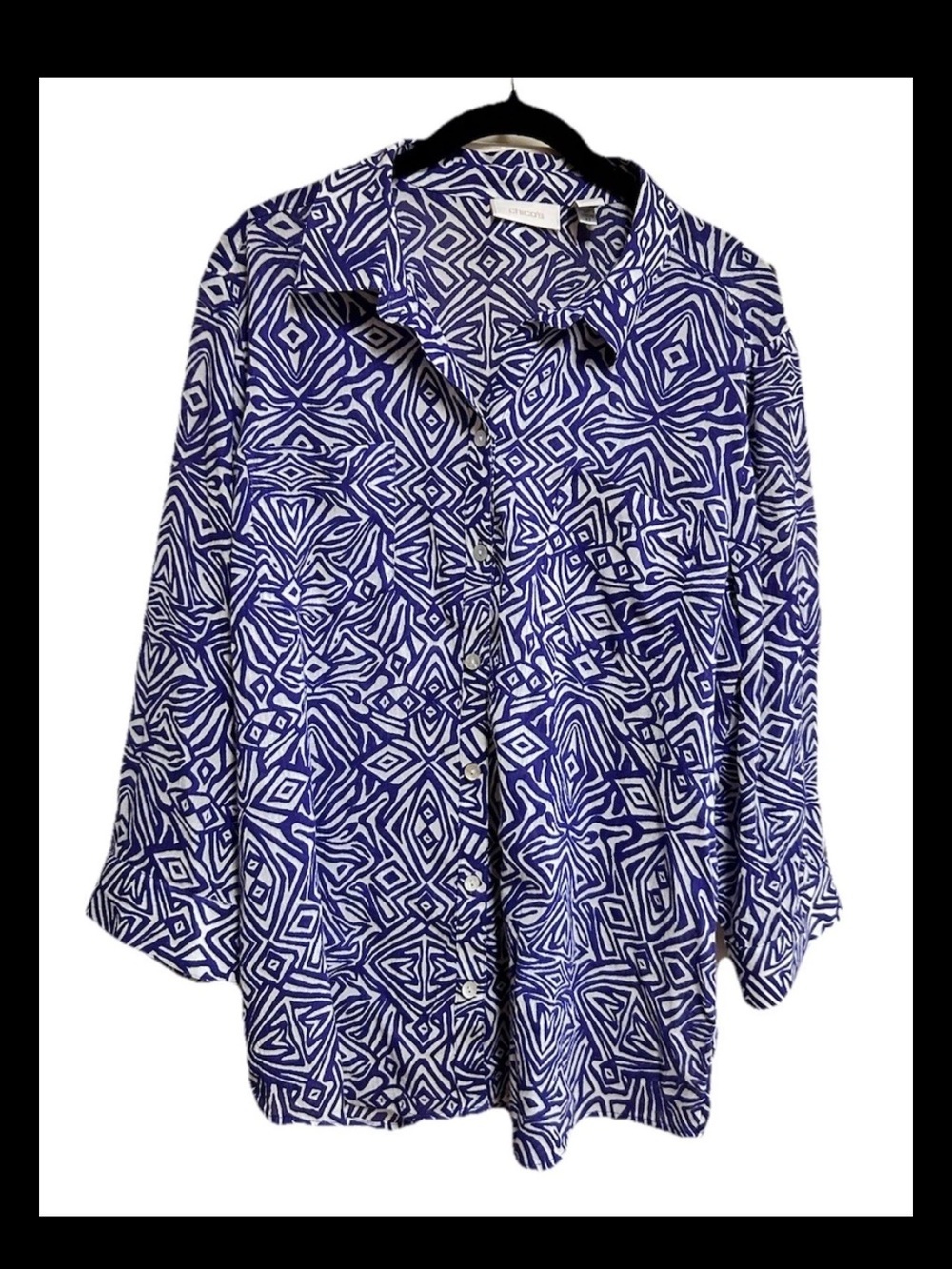 Chico's Blouse Shirt Size Large Purple White Abstract Print 3/4 Sleeve